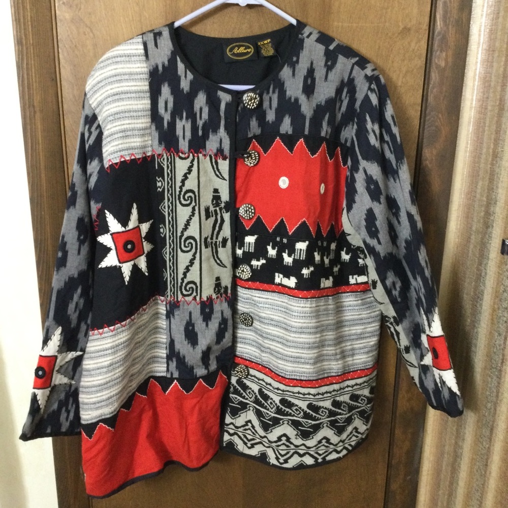 Vintage Allure 2XWP  Ethnic Print Patchwork Embellished Embroidered Art Jacket